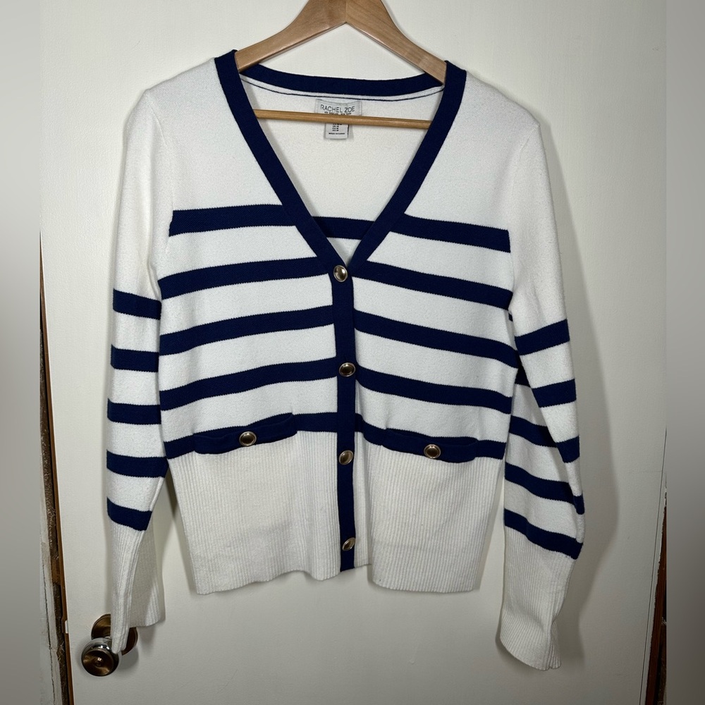 Rachel Zoe White and Blue‎ Stripe V-neck Cardigan Sweater Medium